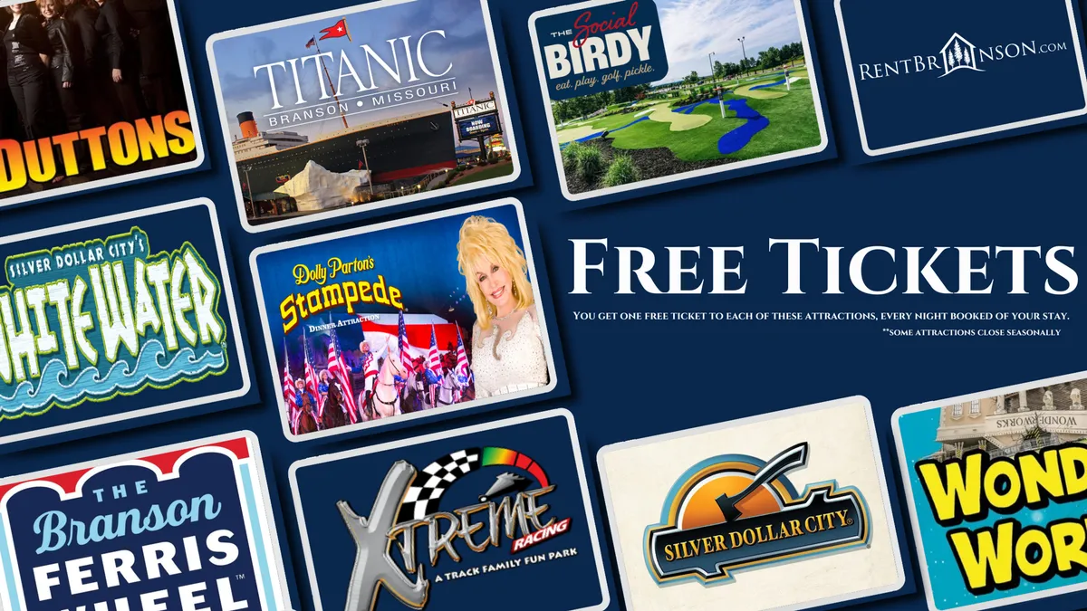 An interior scene featuring attraction tickets with colorful logos and promotional text, highlighting the availability of access to local entertainment. The image radiates excitement and a sense of anticipation for enjoying Branson's top attractions.